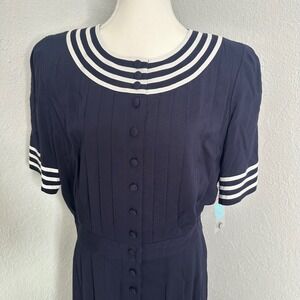 NWT Vintage Navy Blue Sailor Nautical Inspired Dress White Stripe Midi Womens 16
